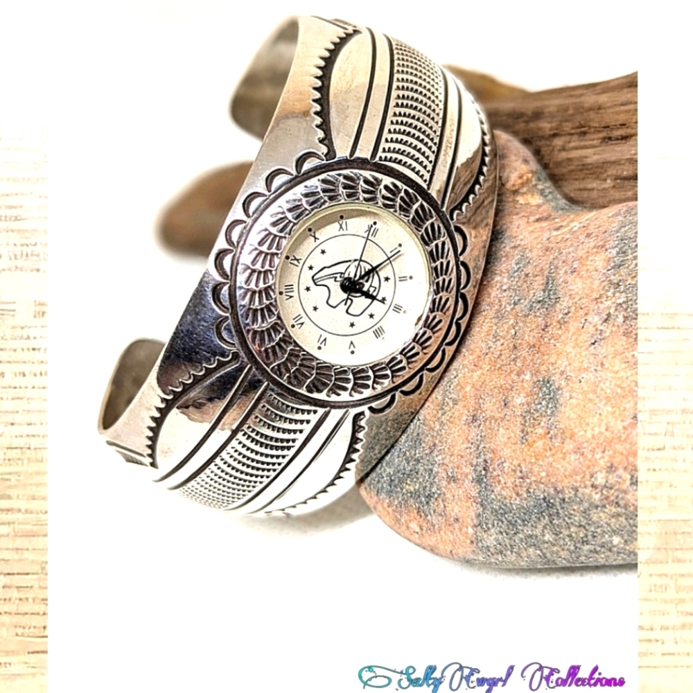 Vintage Navajo Signed Carson Blackgoat Sterling Silver Cuff Watch